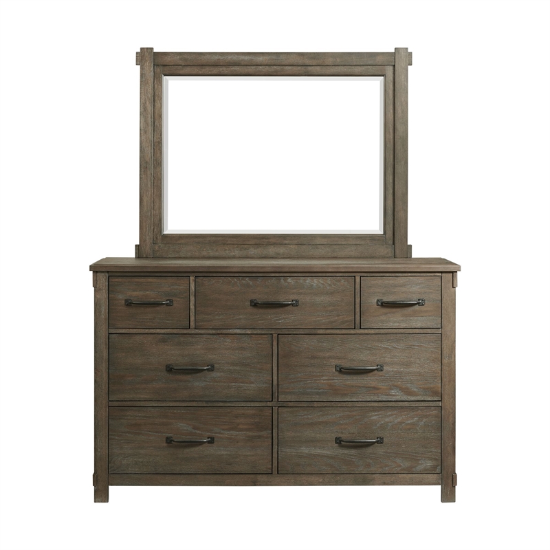 Maklaine Wood 7-Drawers Bedroom Dresser with Mirror Set in Brown