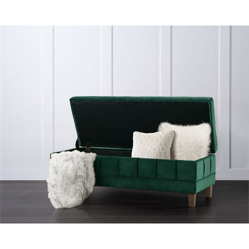 Maklaine Modern Velvet Tufted Storage Ottoman in Green Finish