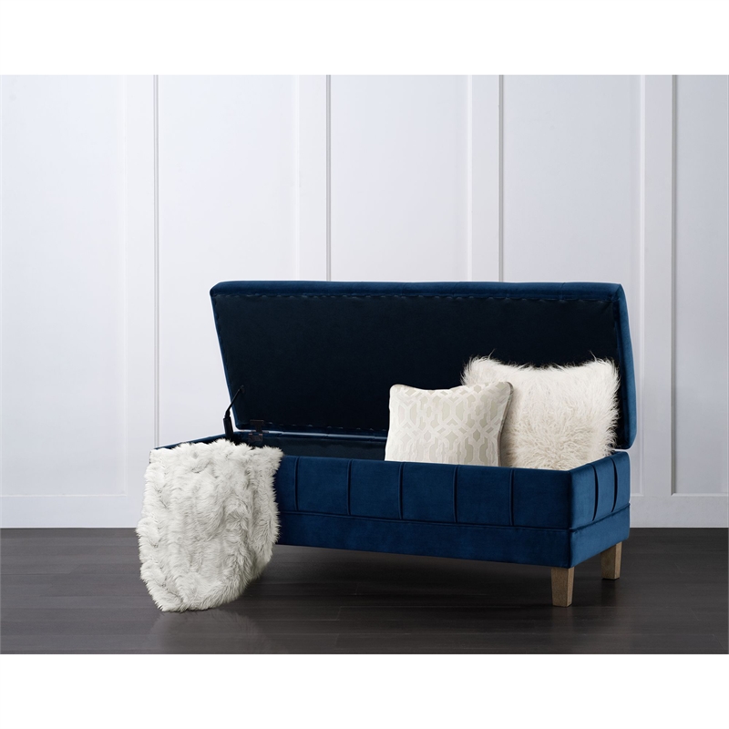 Maklaine Modern Velvet Tufted Storage Ottoman in Blue Finish
