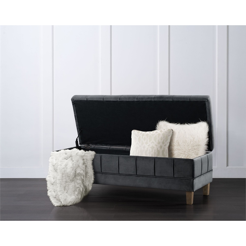 Maklaine Modern Velvet Tufted Storage Ottoman in Gray Finish