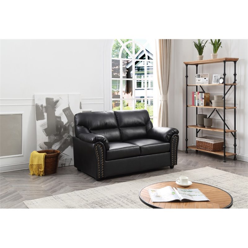 Maklaine Contemporary styled Faux Leather Loveseat in Black Finish