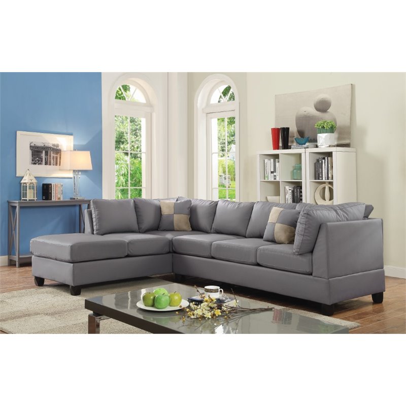 Maklaine Contemporary styled Faux Leather Sectional in Gray Finish