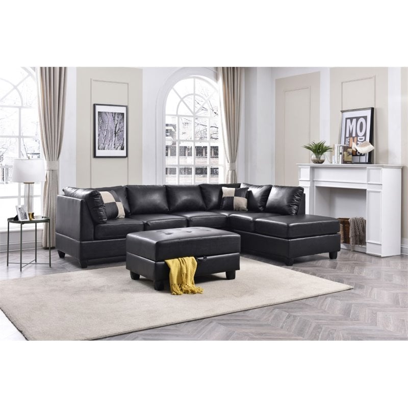 Maklaine Contemporary Faux Leather Living Room Sectional in Black
