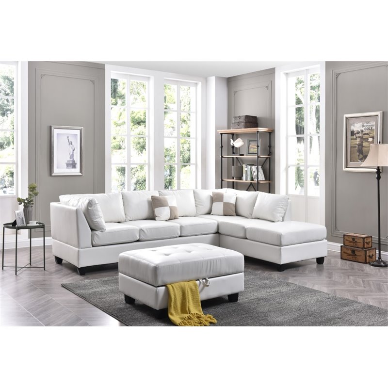Maklaine Contemporary Faux Leather Sectional in White Finish