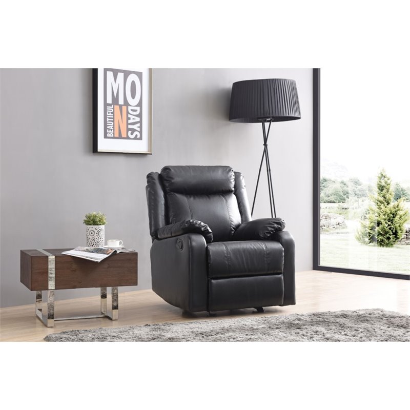 Maklaine Contemporary Faux Leather Rocker Recliner in Black Finish