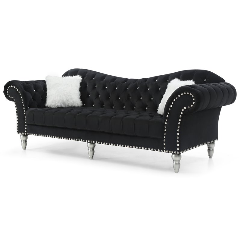 Maklaine Traditional Upholstery Velvet Sofa  in Black Finish