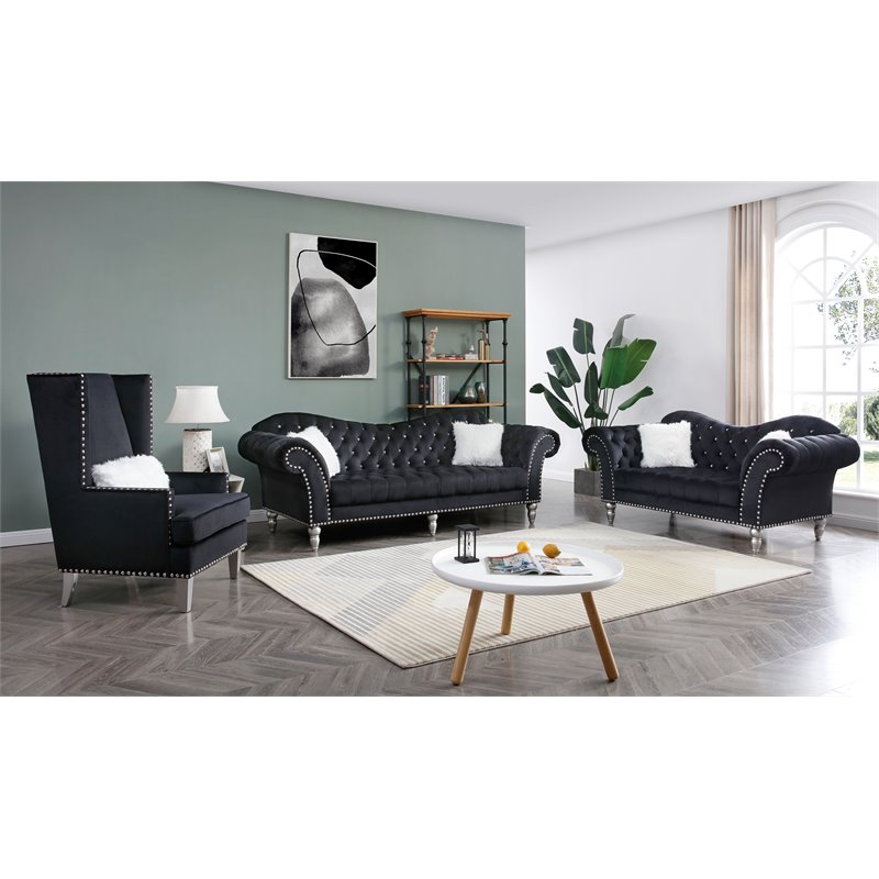 Maklaine Traditional Upholstery Velvet Sofa  in Black Finish