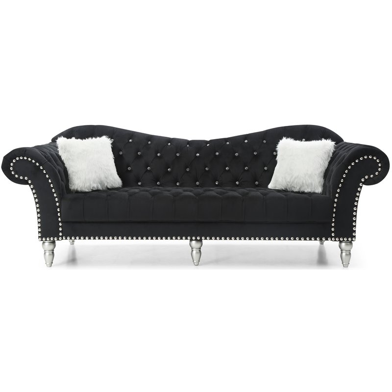 Maklaine Traditional Upholstery Velvet Sofa  in Black Finish