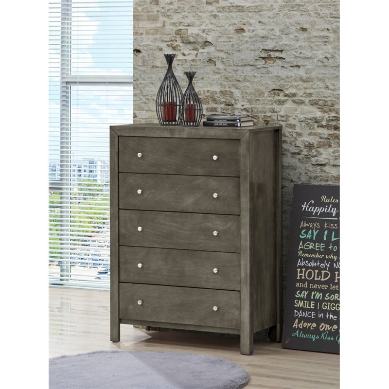 Maklaine Transitional Engineered Wood 5 Drawer Chest in Gray