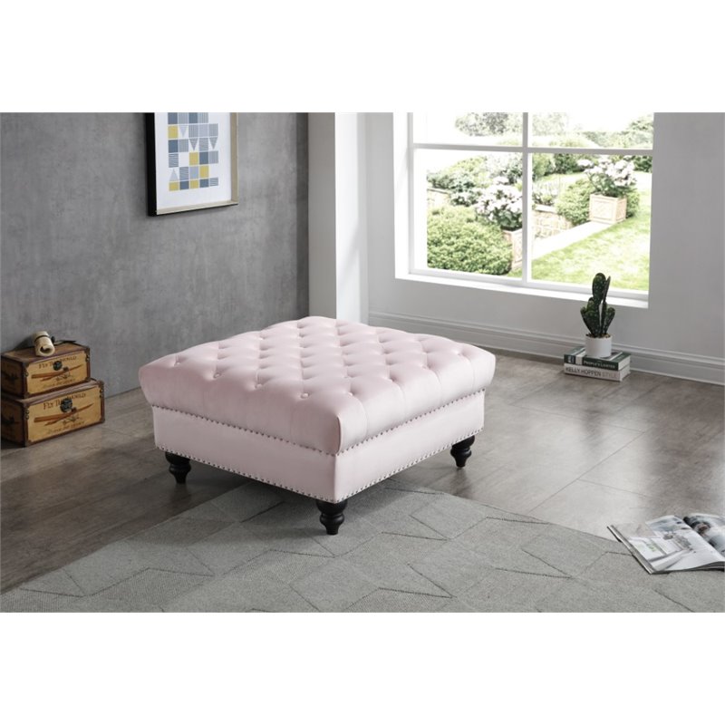 Maklaine Traditional Soft Plush Velvet Ottoman in Pink Finish