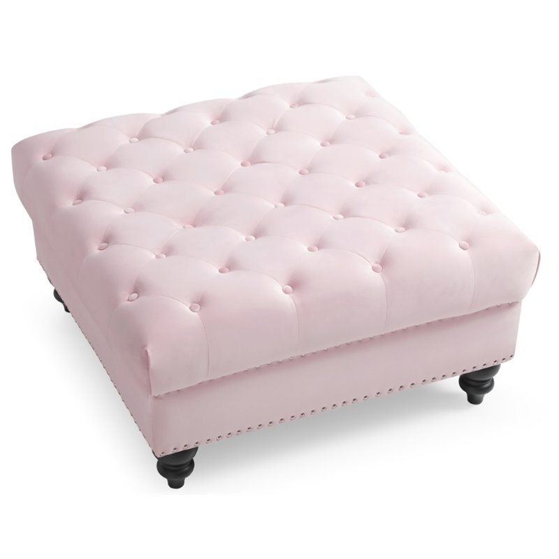 Maklaine Traditional Soft Plush Velvet Ottoman in Pink Finish