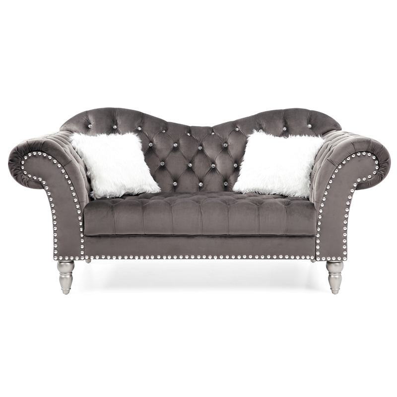 Maklaine Traditional Upholstery Velvet Loveseat in Dark Gray