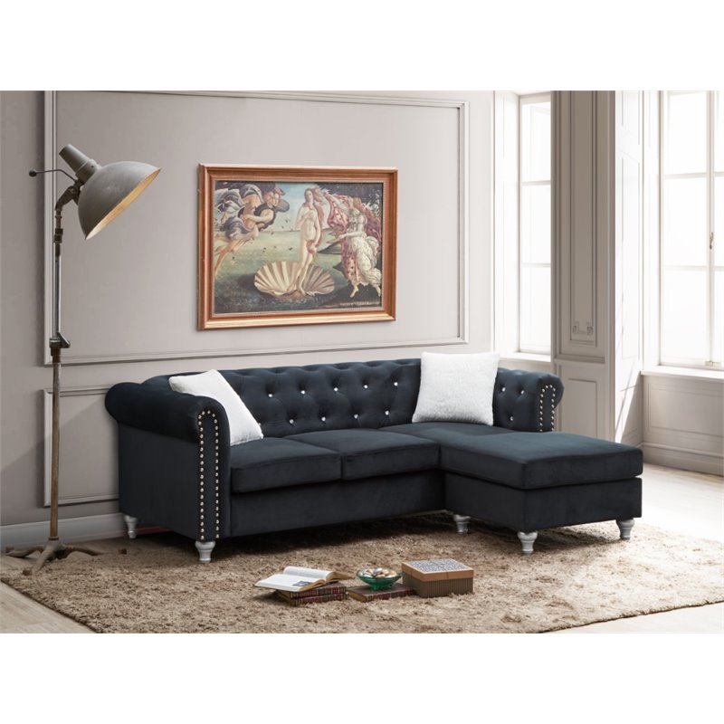Maklaine Contemporary Soft Velvet Sofa Chaise in Black Finish