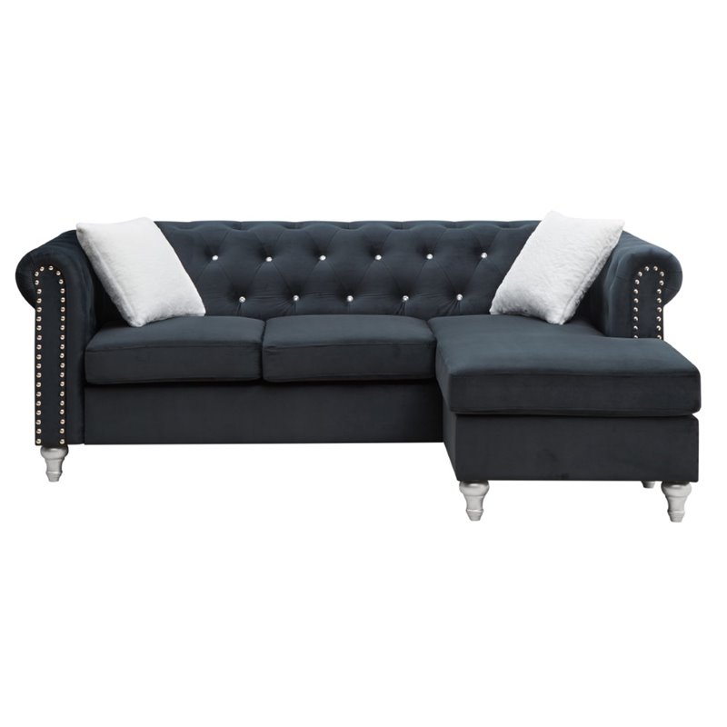 Maklaine Contemporary Soft Velvet Sofa Chaise in Black Finish