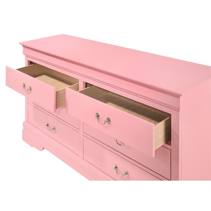 Maklaine Traditional Engineered Wood 6 Drawer Dresser in Pink