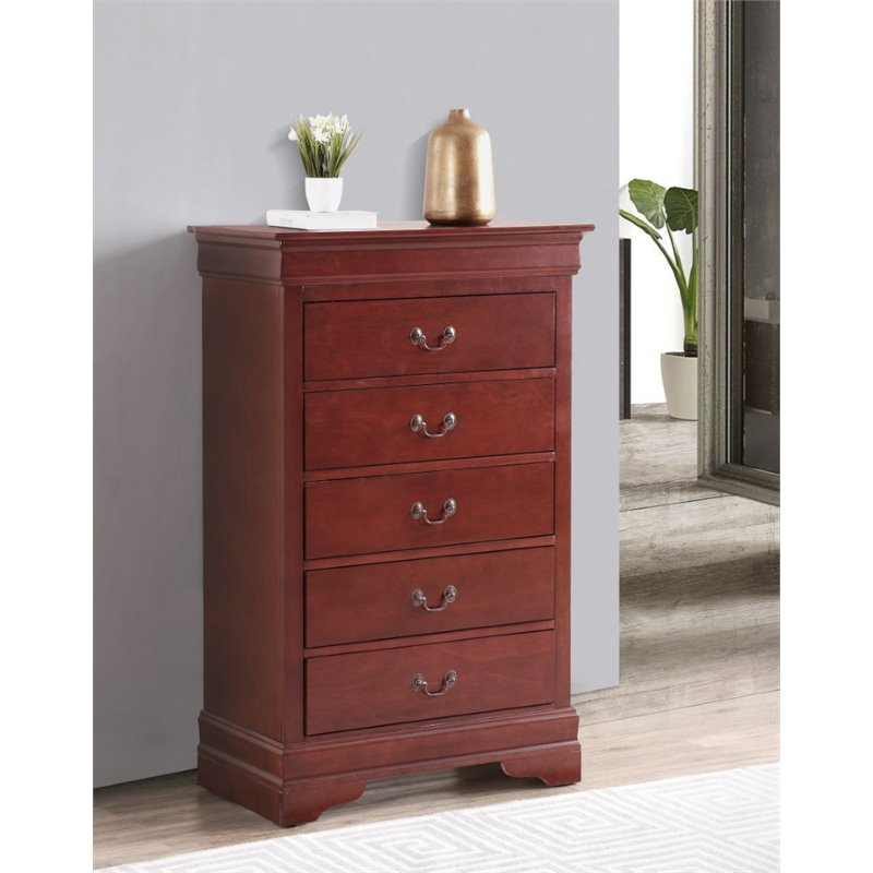 Maklaine Traditional Engineered Wood 5 Drawer Chest in Cherry