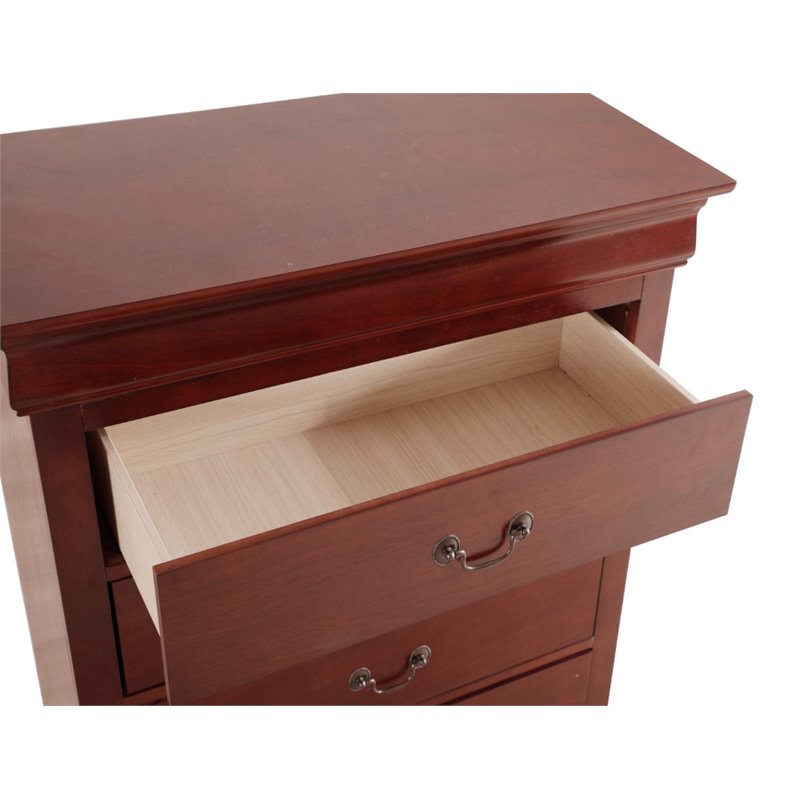 Maklaine Traditional Engineered Wood 5 Drawer Chest in Cherry