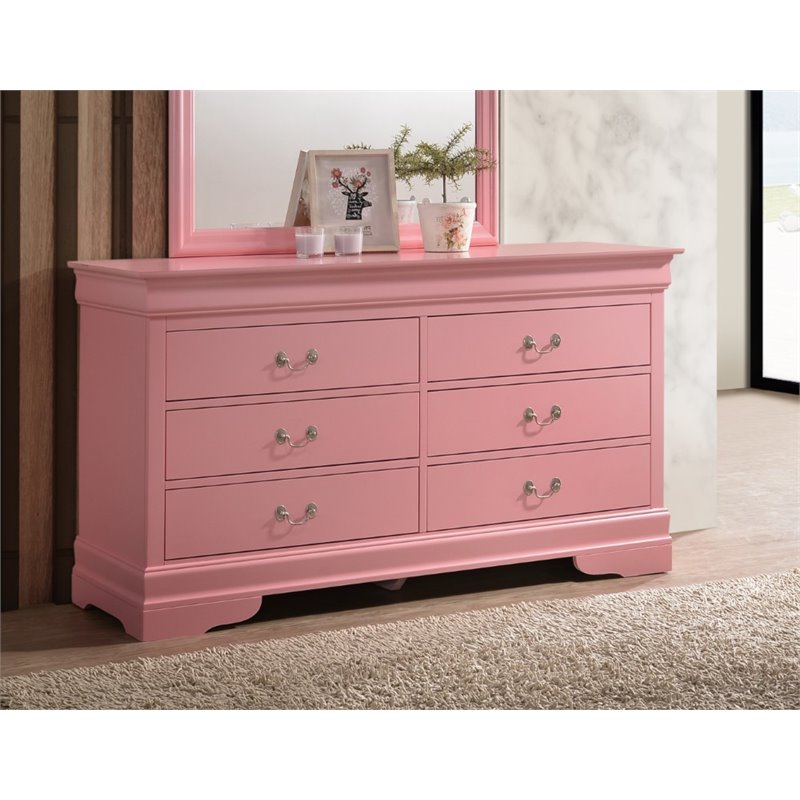 Maklaine Traditional Engineered Wood 6 Drawer Dresser in Pink