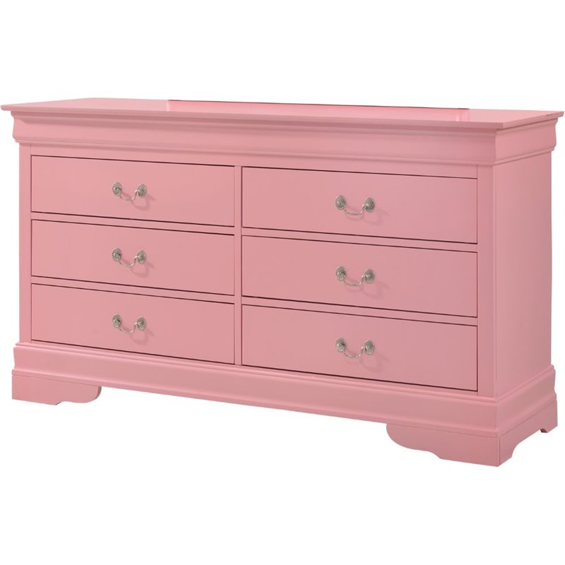 Maklaine Traditional Engineered Wood 6 Drawer Dresser in Pink