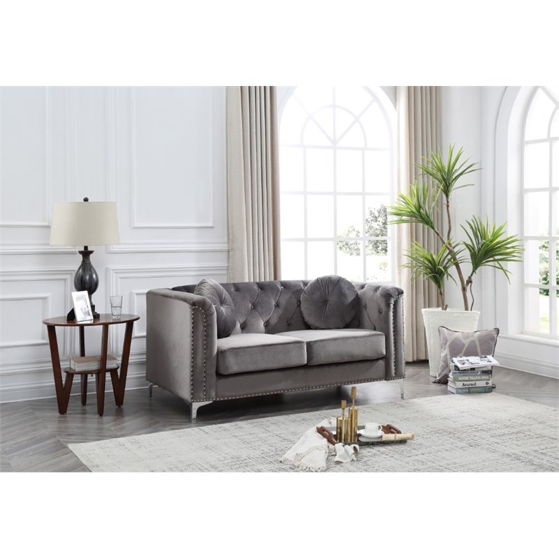 Maklaine Contemporary Soft Velvet Loveseat in Dark Gray Finish