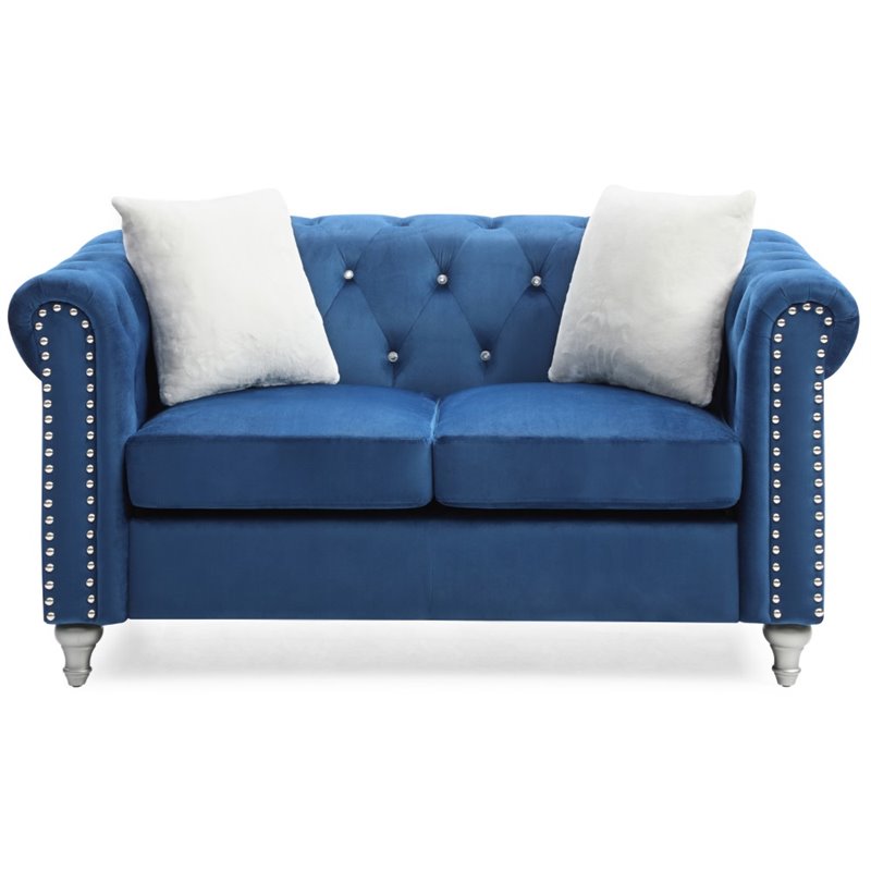 Maklaine Contemporary Soft Velvet Loveseat in Navy Blue Finish