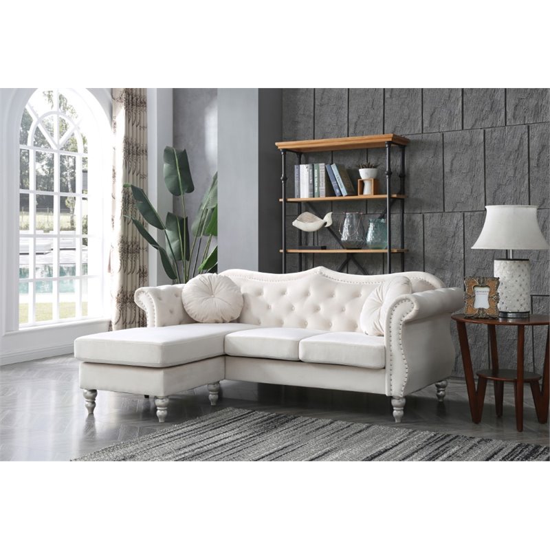 Maklaine Transitional Tufted Velvet Sofa Chaise in Ivory Finish