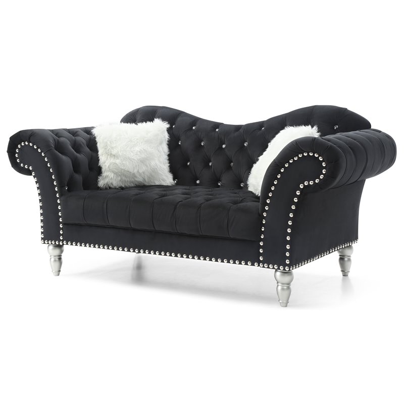 Maklaine Traditional Upholstery Velvet Loveseat in Black Finish