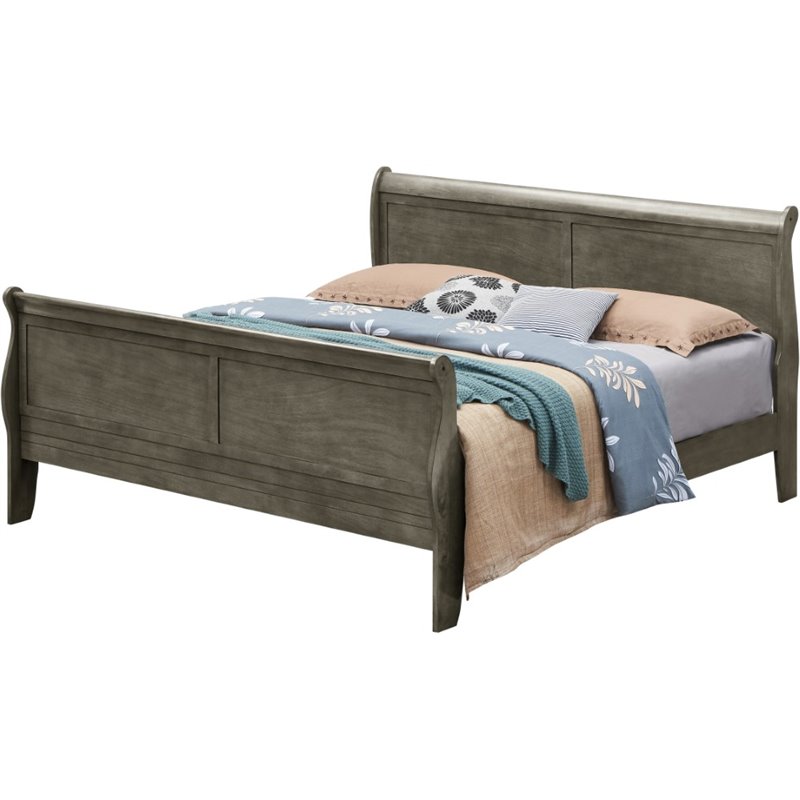 Maklaine Traditional styled Wood Queen Sleigh Bed in Gray Finish