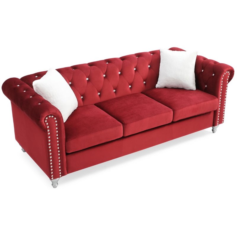 Maklaine Contemporary styled Soft Velvet Sofa in Burgundy Finish
