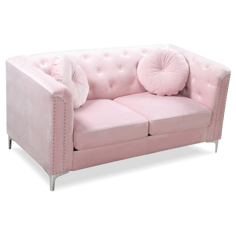 Maklaine Contemporary Soft Velvet Button Tufted Loveseat in Pink