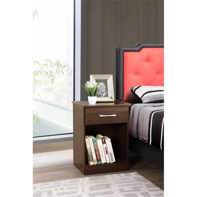 Maklaine Engineered Wood 1-Drawer Bedroom Nightstand in Wenge
