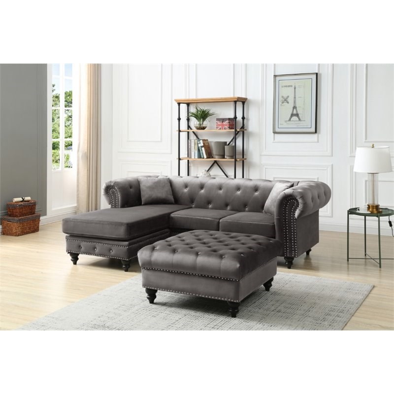 Maklaine Traditional Soft Velvet Sofa Chaise in Dark Gray Finish