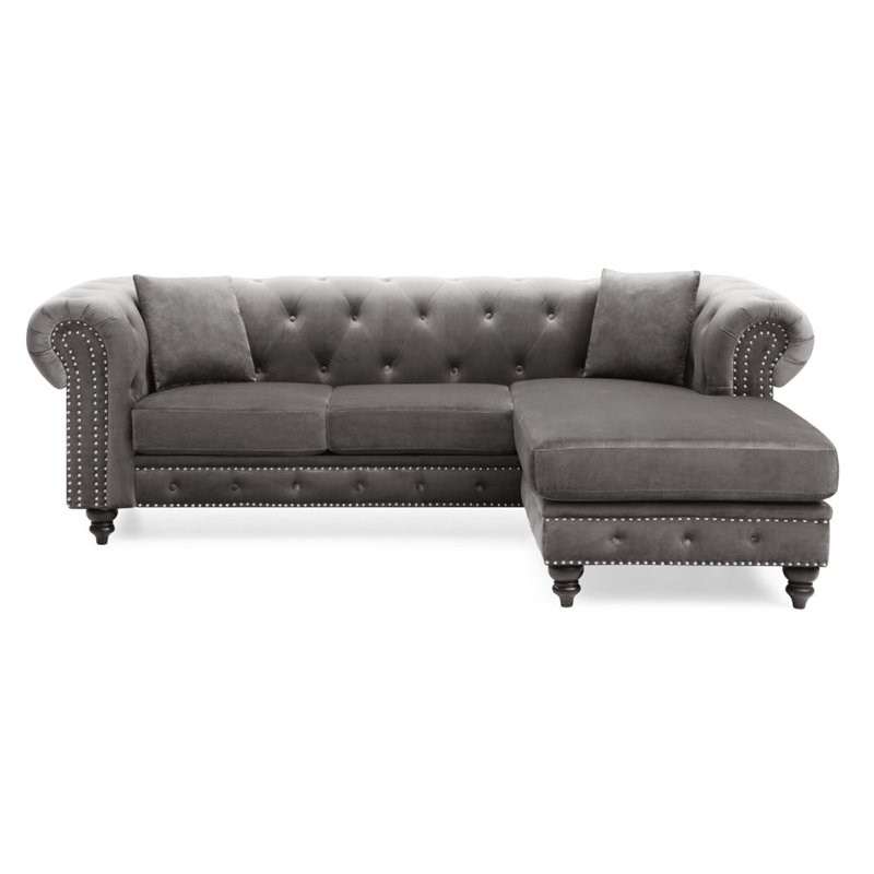 Maklaine Traditional Soft Velvet Sofa Chaise in Dark Gray Finish