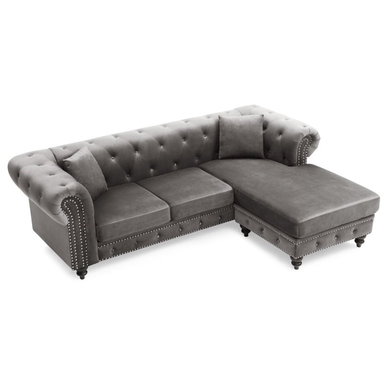 Maklaine Traditional Soft Velvet Sofa Chaise in Dark Gray Finish