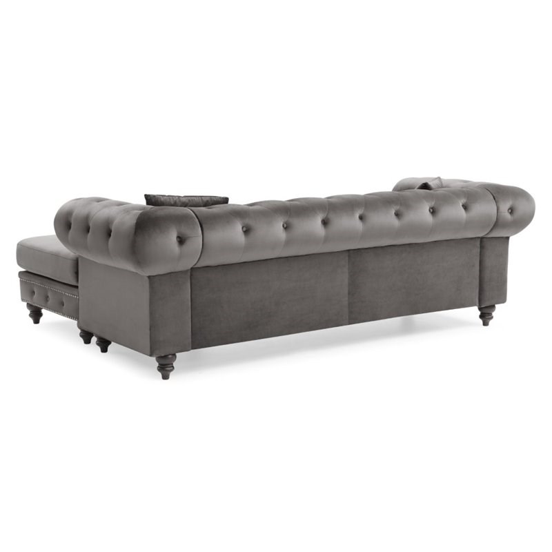 Maklaine Traditional Soft Velvet Sofa Chaise in Dark Gray Finish