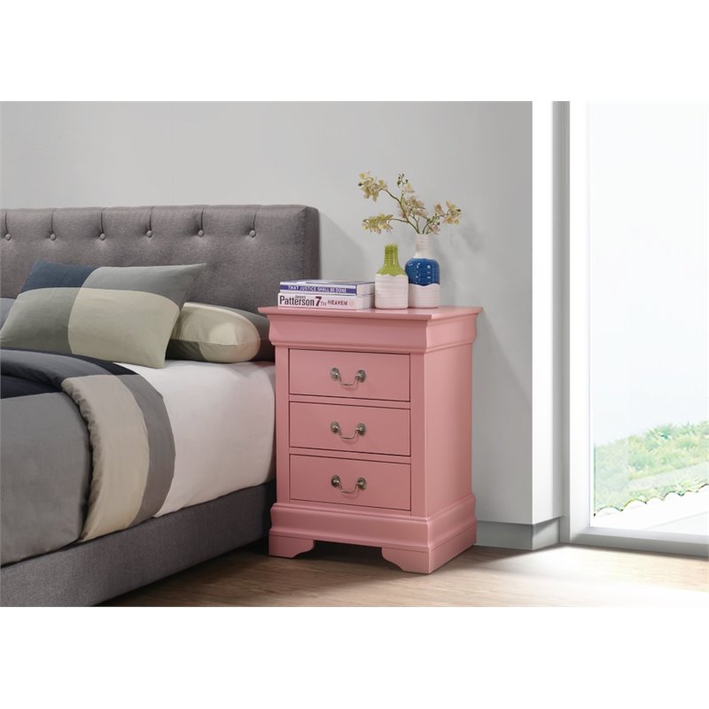 Maklaine Traditional Engineered Wood 3 Drawer Nightstand in Pink