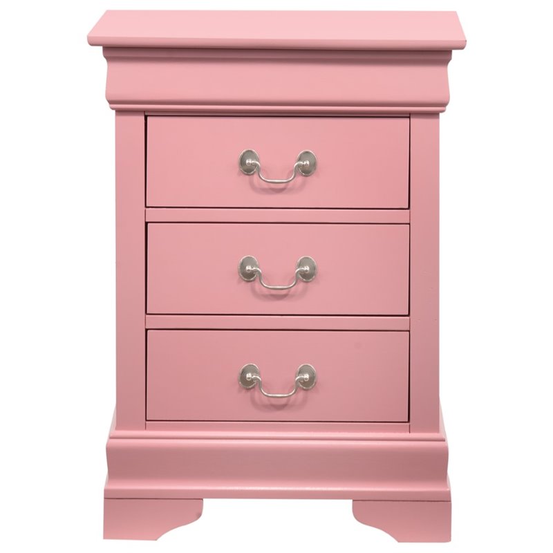 Maklaine Traditional Engineered Wood 3 Drawer Nightstand in Pink