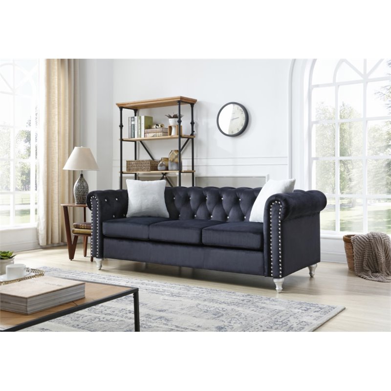 Maklaine Contemporary Velvet Sofa Tufted with Faux Jewels in Black