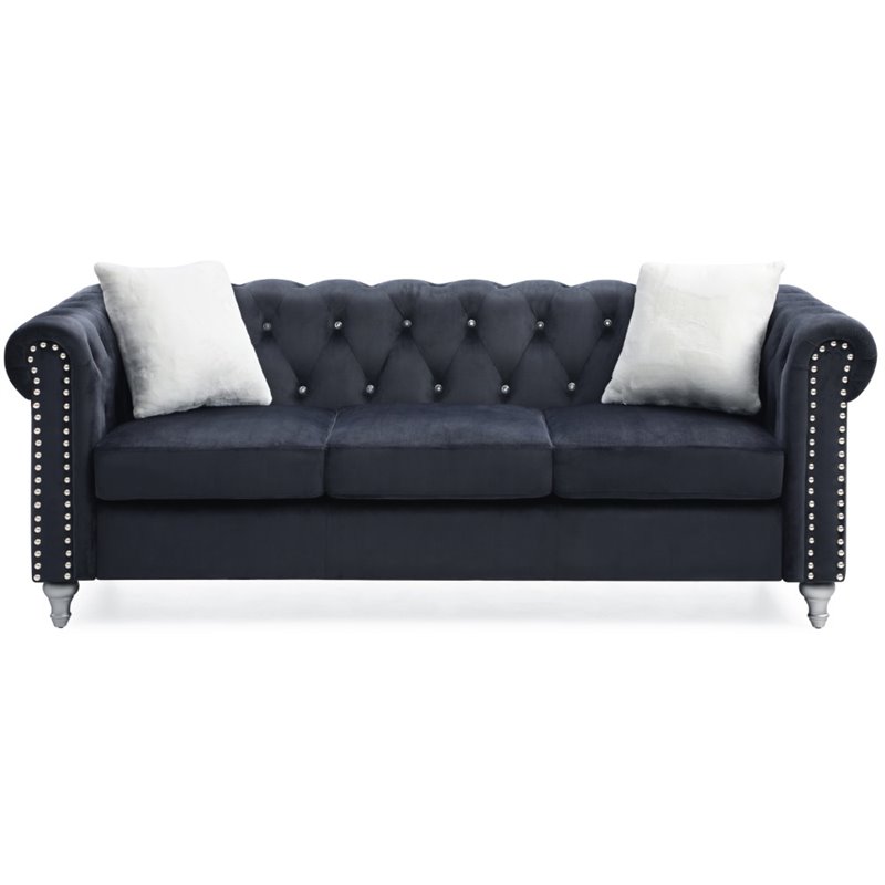 Maklaine Contemporary Velvet Sofa Tufted with Faux Jewels in Black