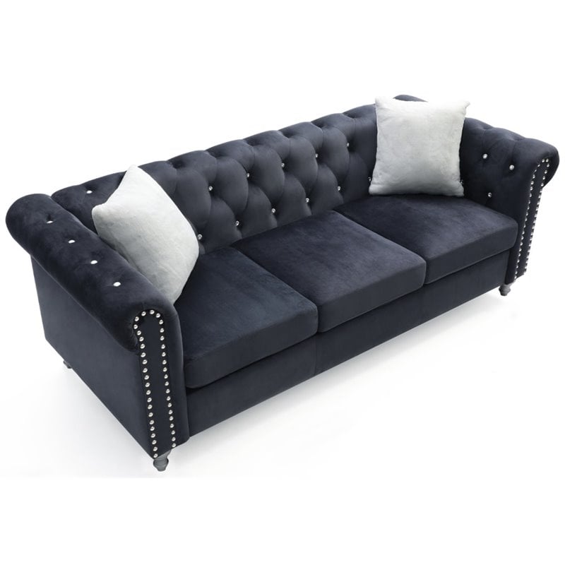 Maklaine Contemporary Velvet Sofa Tufted with Faux Jewels in Black
