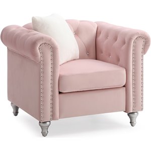 Maklaine Contemporary Velvet Chair Tufted with Faux Jewels in Pink