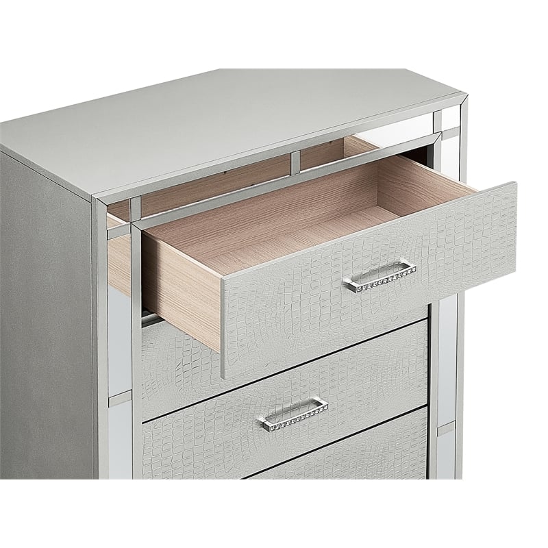 Maklaine Modern styled Wood 5 Drawer Chest Silver Champagne Finish
