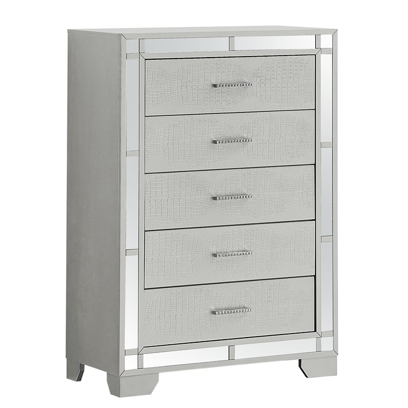 Maklaine Modern styled Wood 5 Drawer Chest Silver Champagne Finish