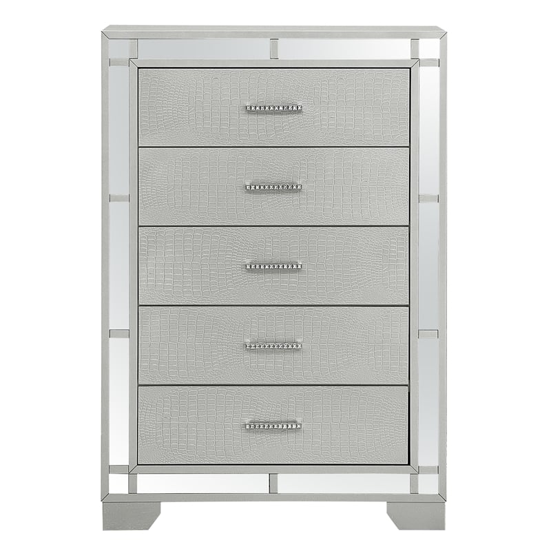 Maklaine Modern styled Wood 5 Drawer Chest Silver Champagne Finish