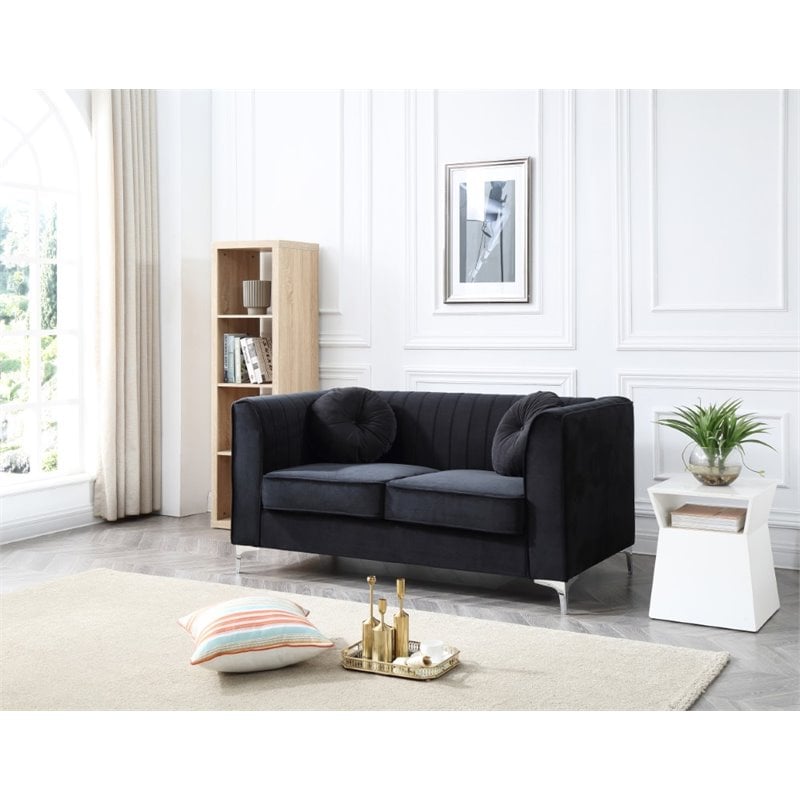 Maklaine Contemporary Soft Velvet Channel Tufted Loveseat in Black