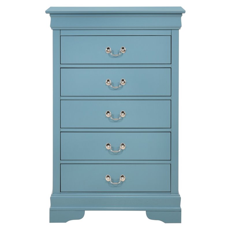 Maklaine Traditional 5-Drawer Solid Wood Chest in Teal Turquoise