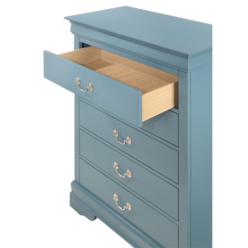 Maklaine Traditional 5-Drawer Solid Wood Chest in Teal Turquoise