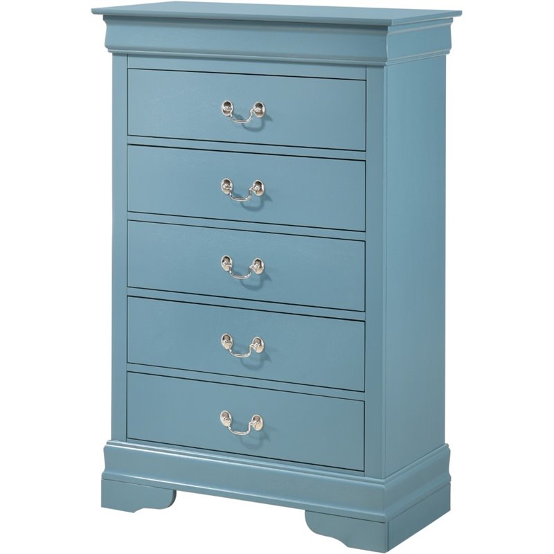 Maklaine Traditional 5-Drawer Solid Wood Chest in Teal Turquoise