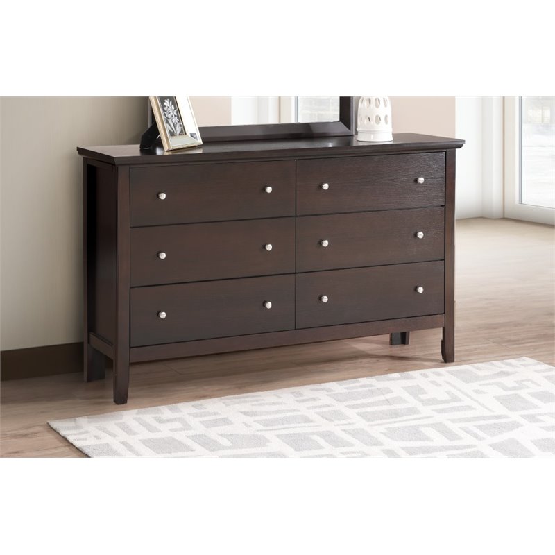 Maklaine Transitional Engineered Wood 6 Drawer Dresser in Espresso