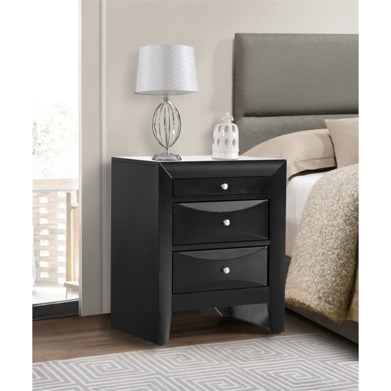 Maklaine Contemporary Engineered Wood 3 Drawer Nightstand in Black